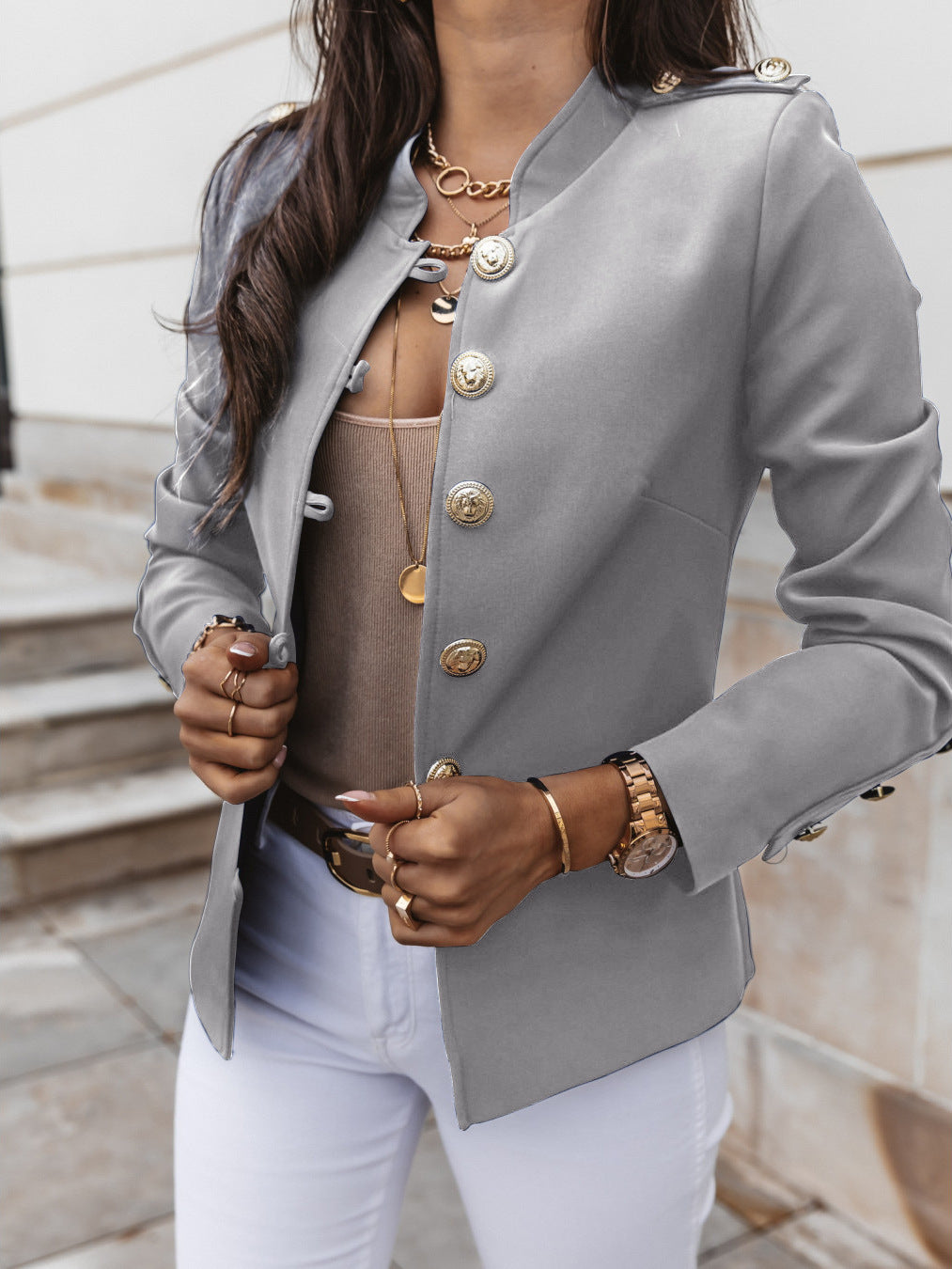 Women Long Sleeve Slim Breasted Blazer Jacket 7