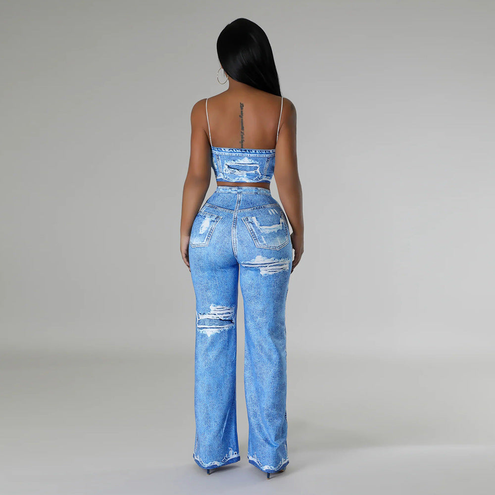 Sexy Fashion Print Strap Top Slim Flared Trousers Two-Piece Set 6