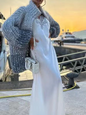 Women sequined V-neck sweater 4