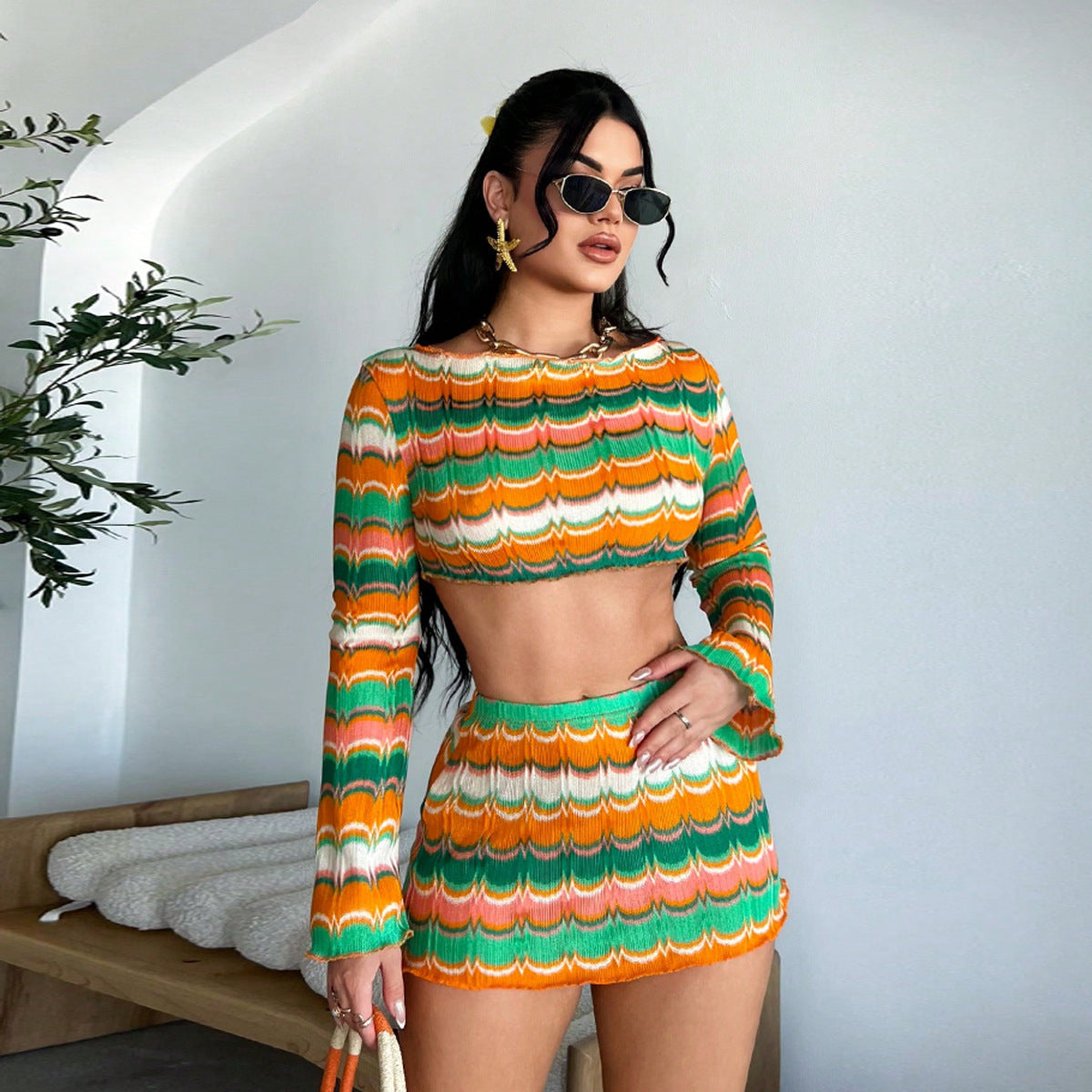 Women's Autumn Winter Sexy Crop Top Yarn-Dyed Multi-Color Skirt Set