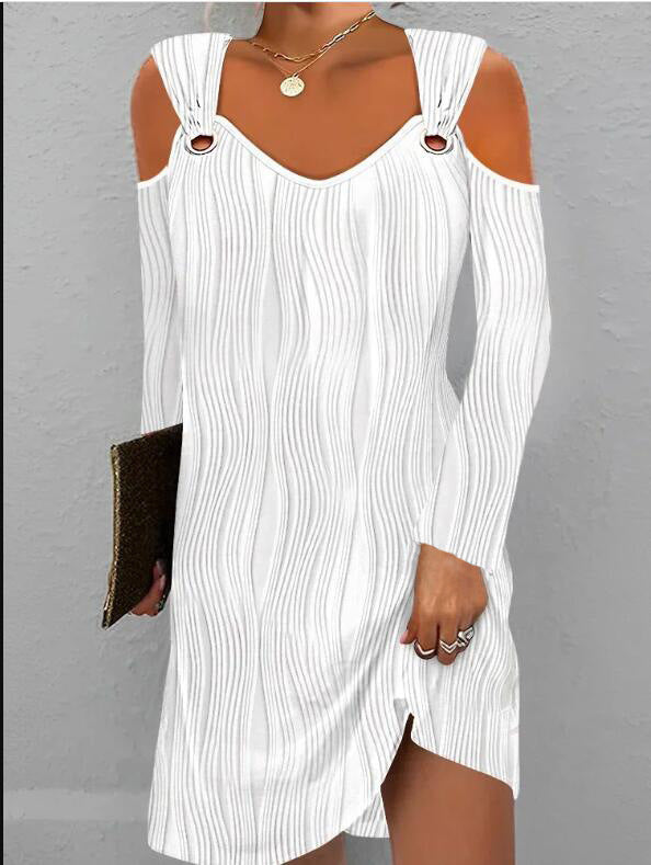 Autumn Women's Off Shoulder Long Sleeve Round Neck Loose Casual Dress 3