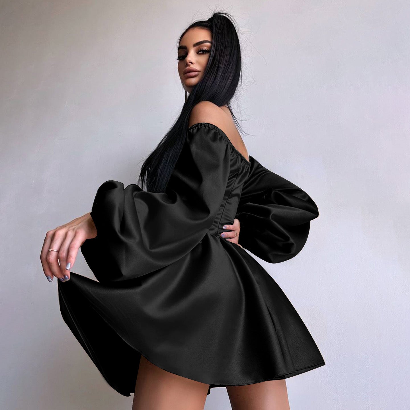 Autumn Sexy Satin Off-Shoulder See-Through Mesh Patchwork Mini Dress for Women 3