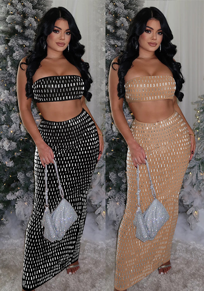 Women's Strapless Beaded Two-Piece Bodycon Skirt Set