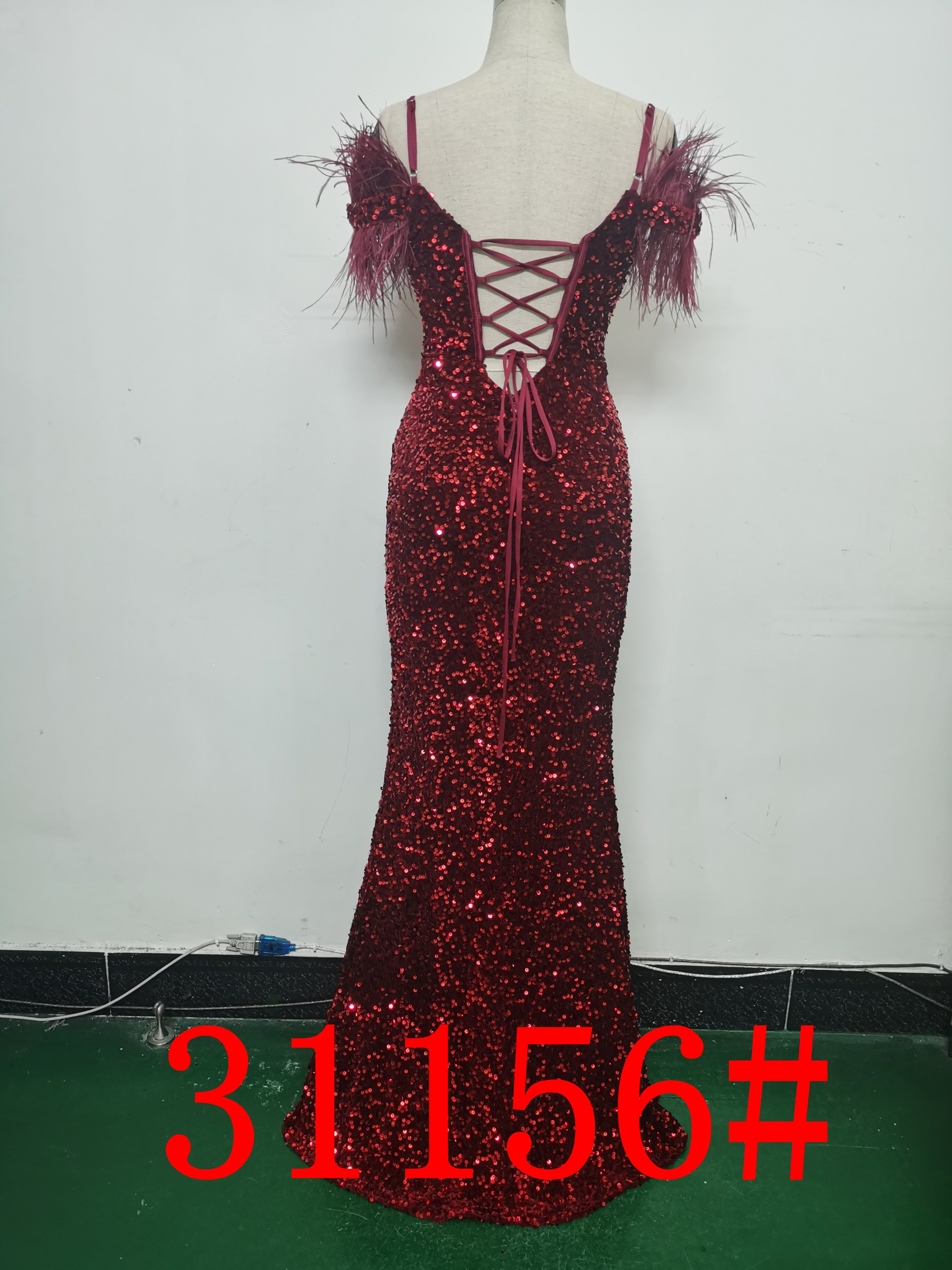 Women Herringbone ostrich velvet sequined mermaid evening dress 29