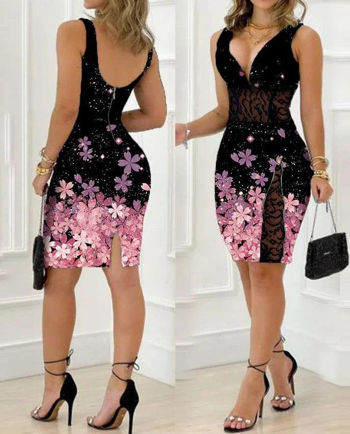 Women Sleeveless V-neck Printed Slit Lace Bodycon Dress