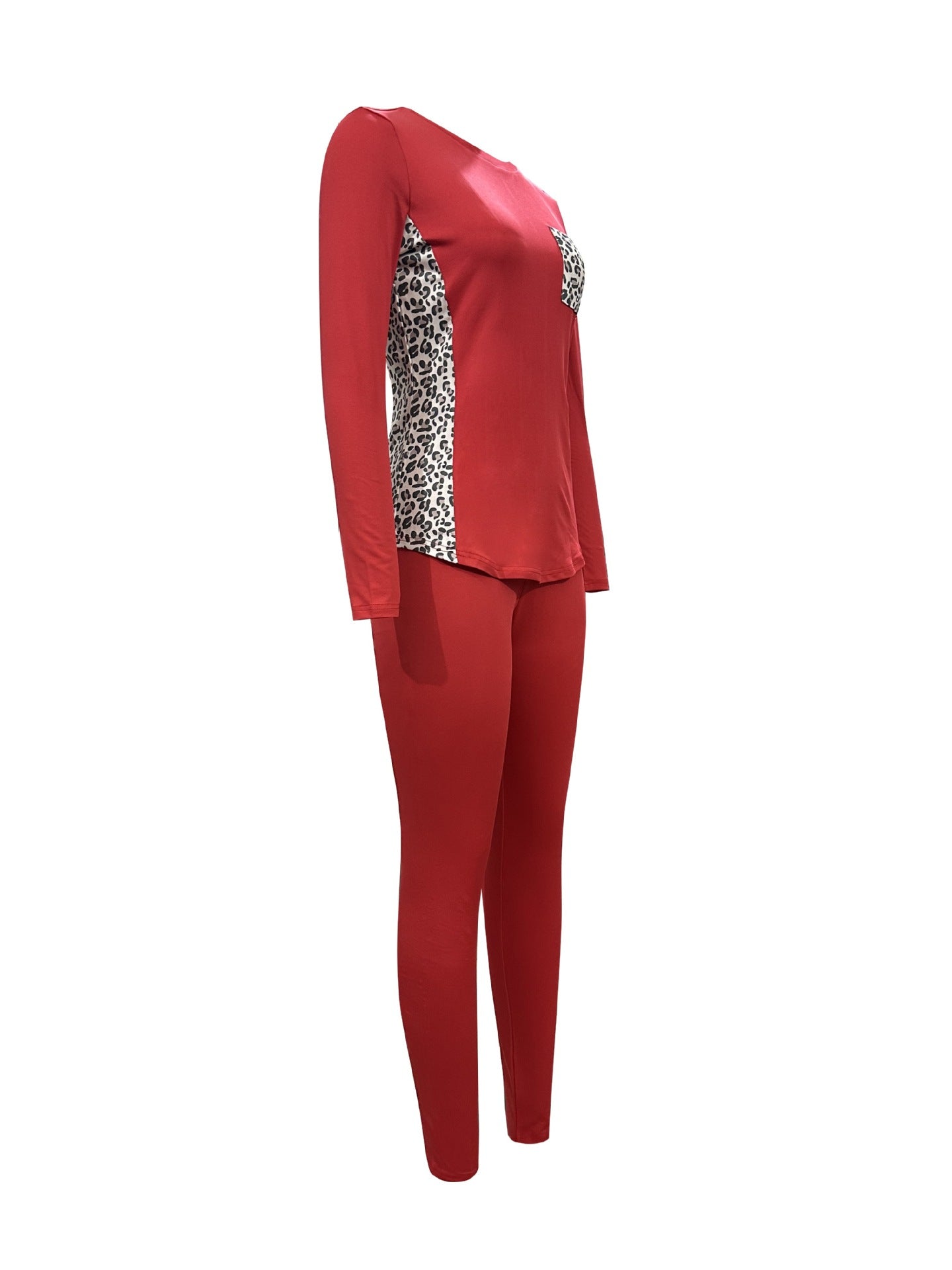 Women Leopard Patchwork Casual Round Neck Top and Pants Two-piece Set 25