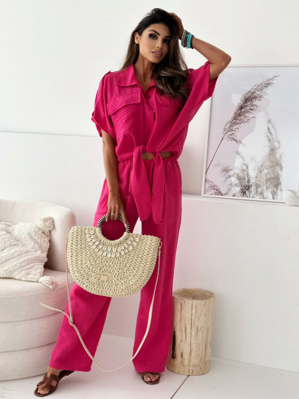 Summer Women Turndown Collar Pocket Single Breasted Lace Up Short Sleeve Shirt And Pants Two Piece Set 4