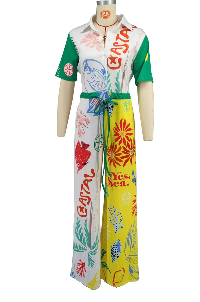 Women's Printed Short Sleeve Casual High Waist Wide Leg Fashion Jumpsuit 5