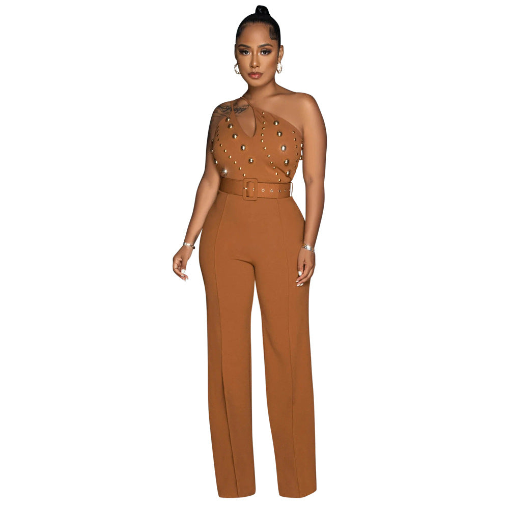 Women's Style Fashionable Solid Color Jumpsuit Slim One Shoulder One Piece Wide Leg Pants 12