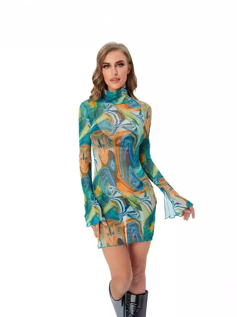 Printed Round Neck Bell Bottom Sleeve Women's Summer Slit Bodycon Dress 10