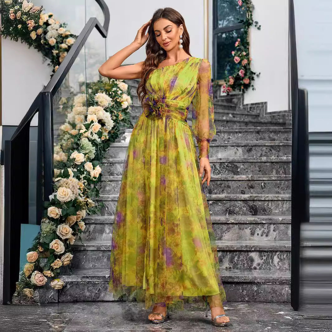 One Shoulder Print Elegant Slim Ladies Dress 4