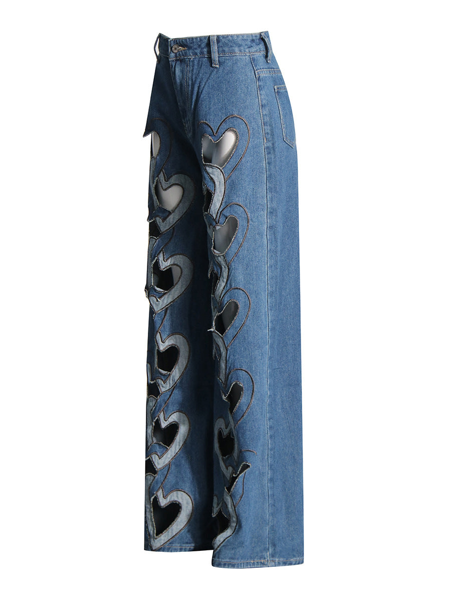 Women fashion hollow heart denim trousers 4