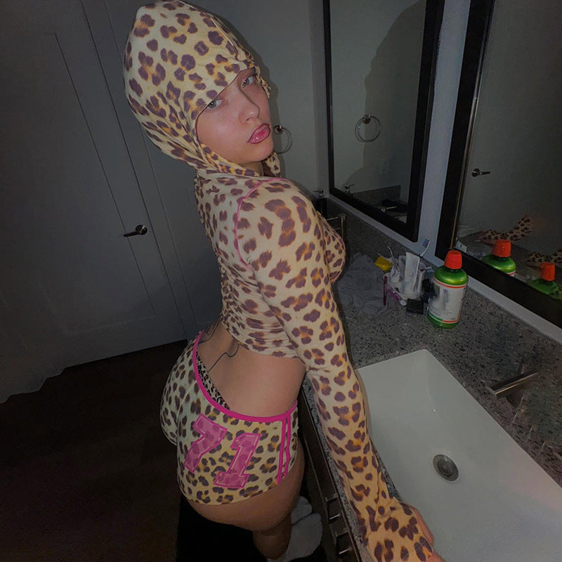 Spring and Summer Sexy Crop Slim Hooded Leopard Print Top and High Waist Shorts Two Piece Set 4