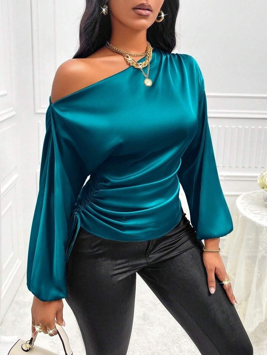 Women's Satin Shirt Asymmetric Slash Shoulder Long-Sleeve Blouse 23