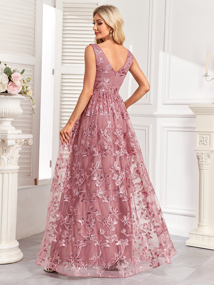 Women sleeveless double v-neck mesh print zipper dress 5