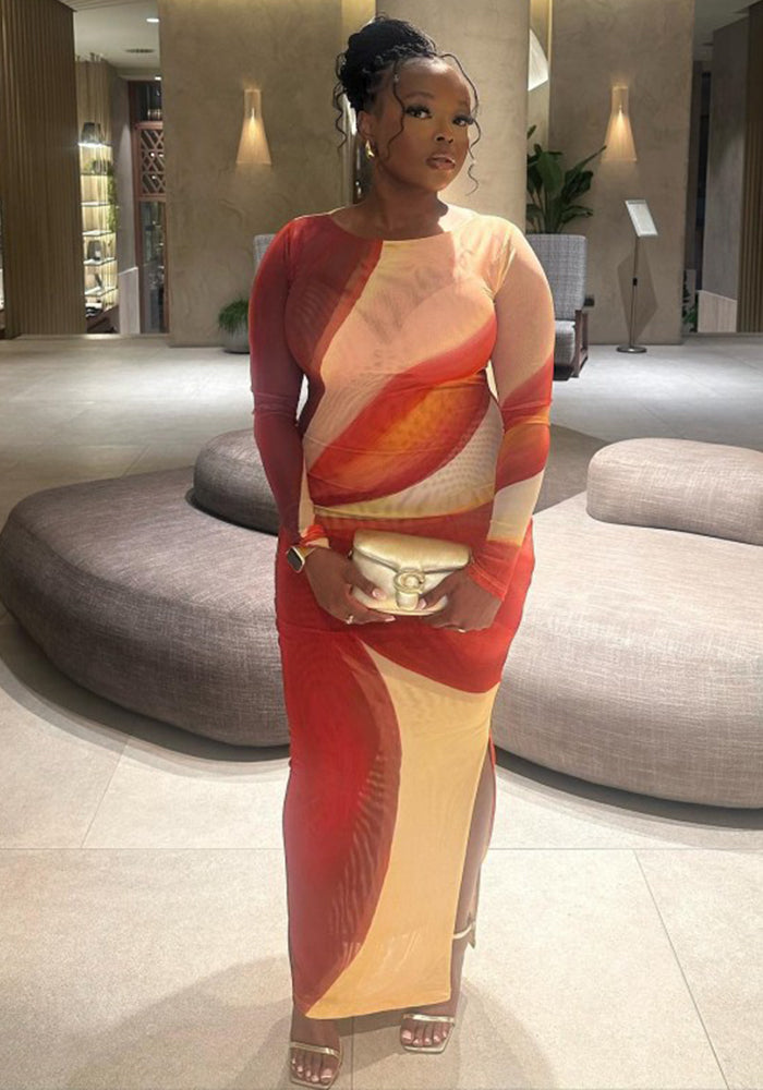 Women Spring Round Neck Long Sleeve Sexy Mesh Print Maxi Dress