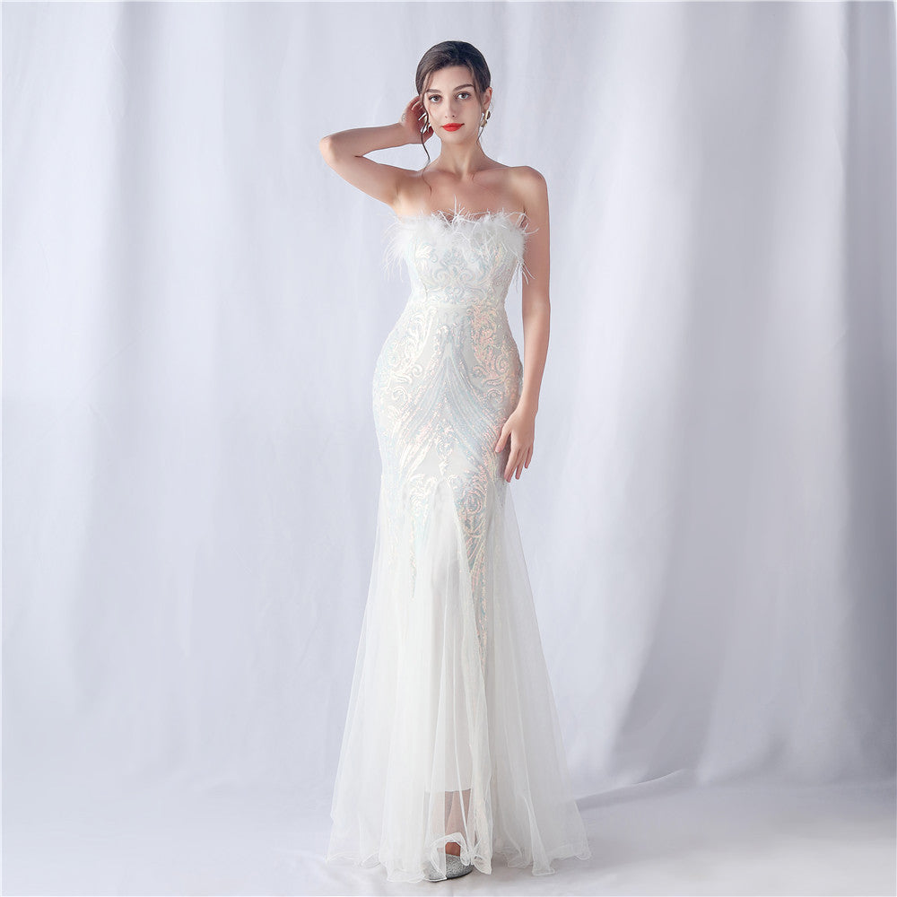 feather sequins mesh patchwork Strapless wedding party dress 3