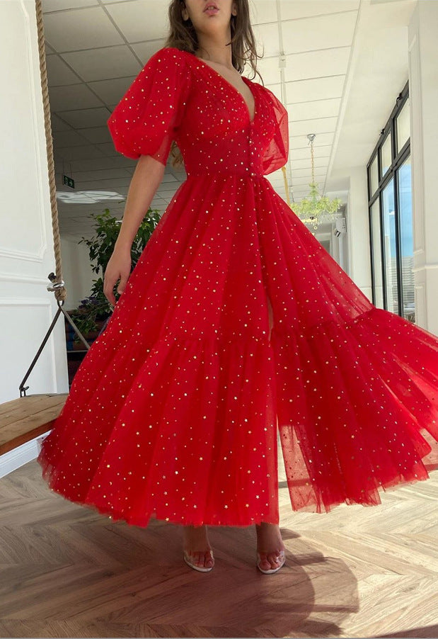 Women v-neck lantern sleeve sparkling mesh dress 5