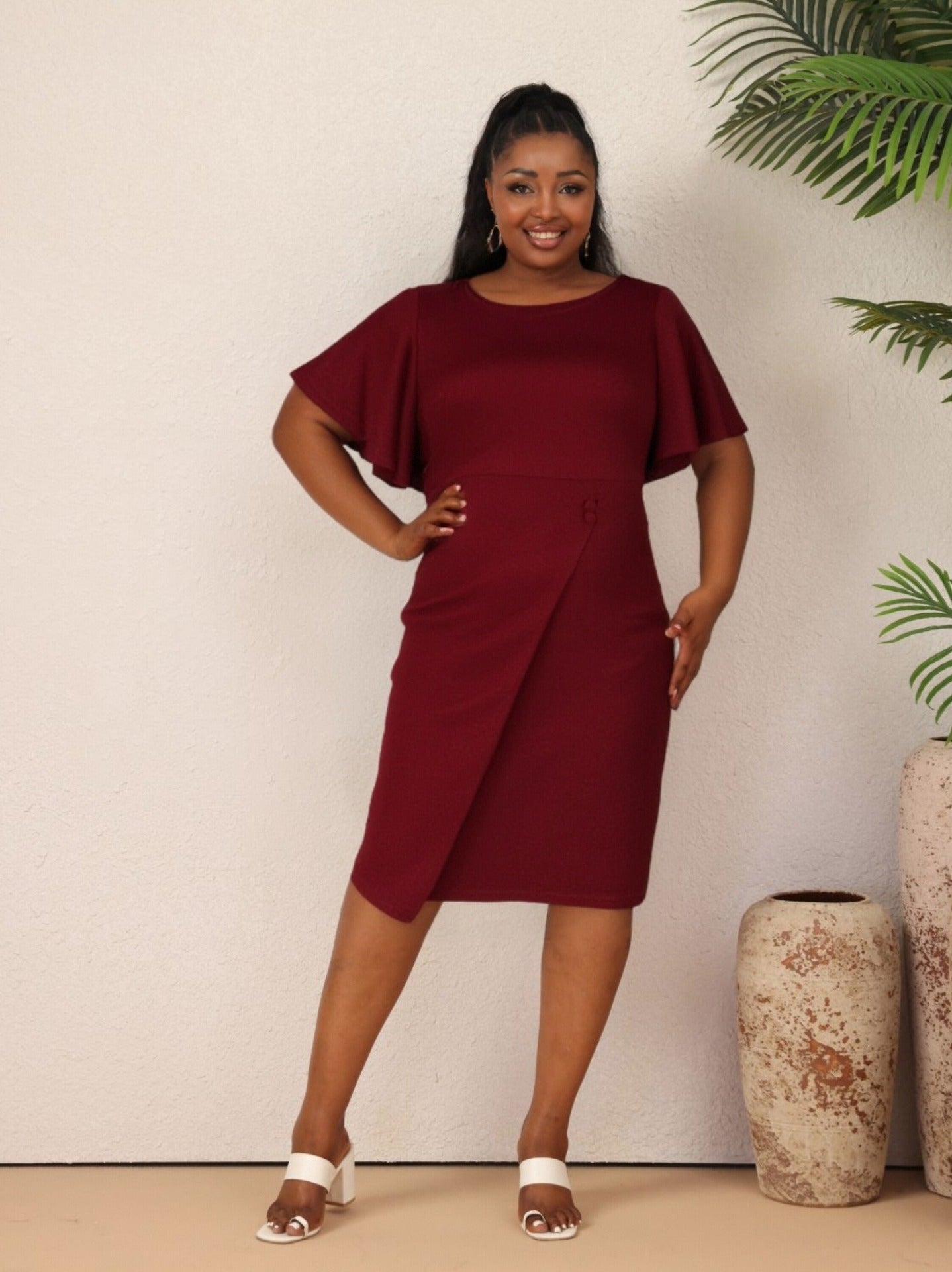 Women Summer Solid Career Ruffle Sleeve Dress 8