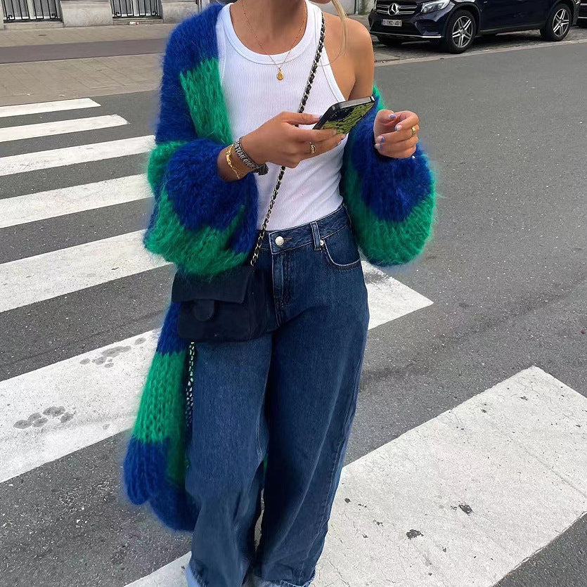 Women autumn contrasting striped long coat sweater 3