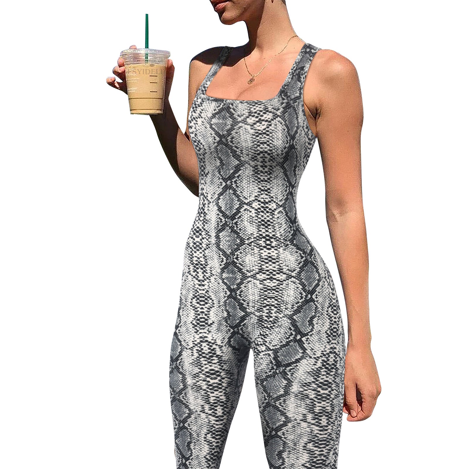 Women's Printed Sleeveless Ribbed Square Neck Low Back Slim Fit Jumpsuit 14