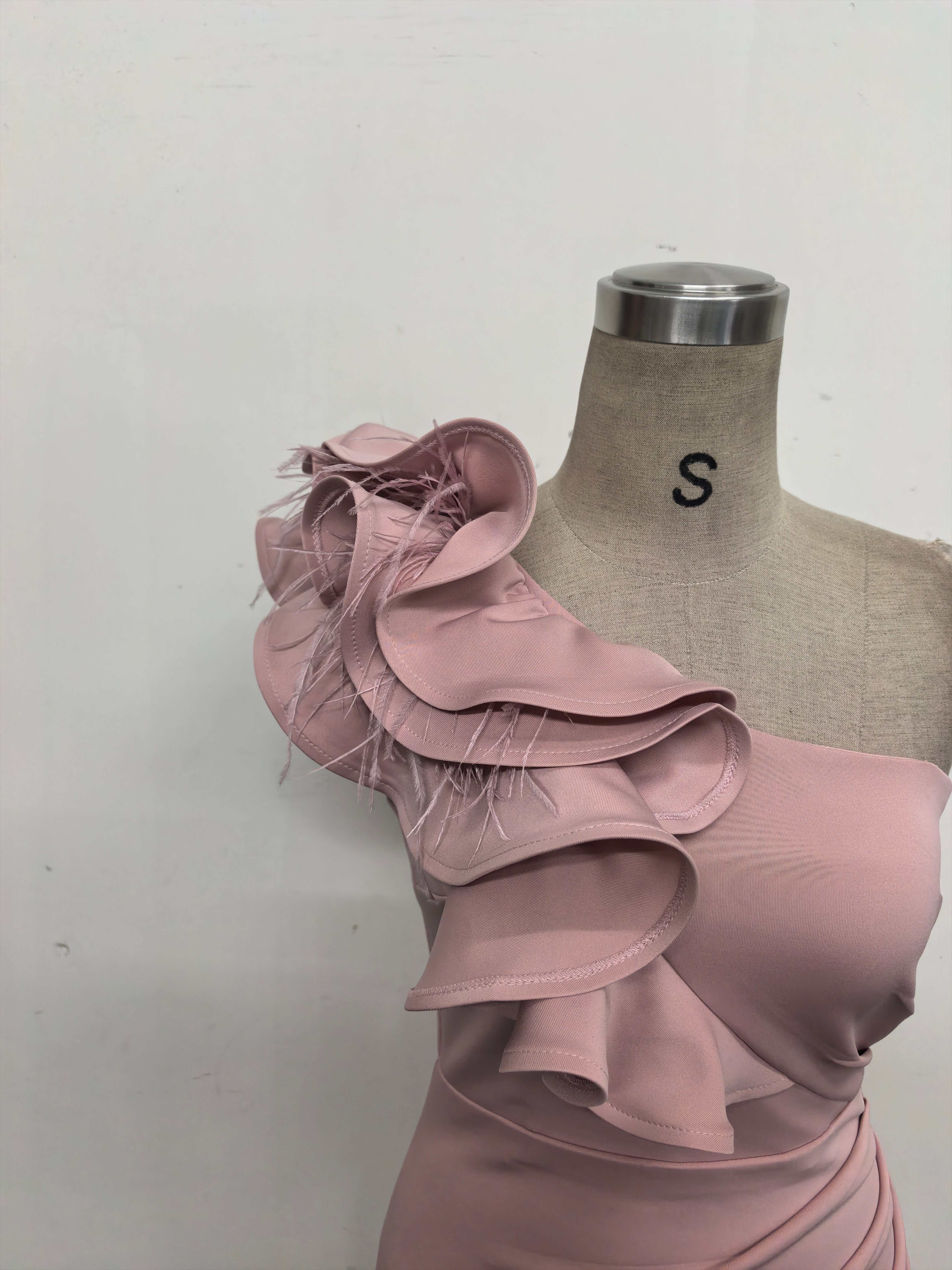 Women One-Shoulder Beaded Wool and Floral Satin Slit Sexy Evening Dress 41