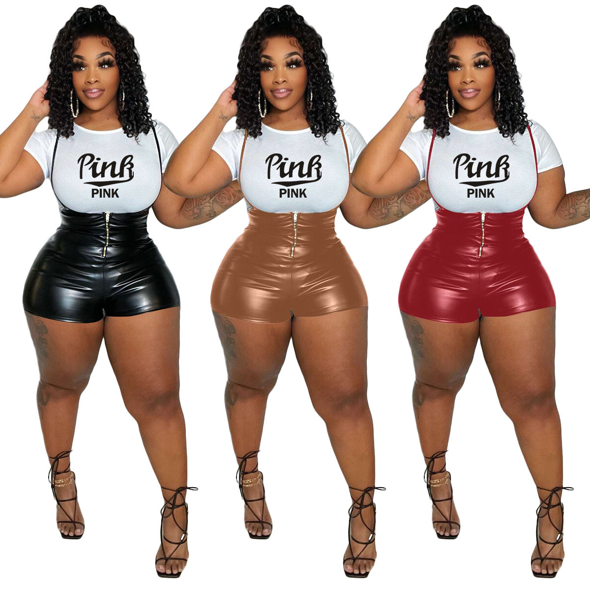 Women Short Sleeve Printed T-Shirt And Stretch Pu Leather Suspender Jumpsuit Two Piece Set