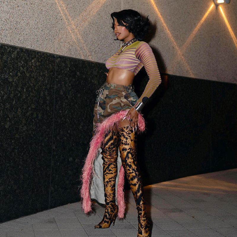 Women camouflage pink fur patchwork bevel irregular skirt 5