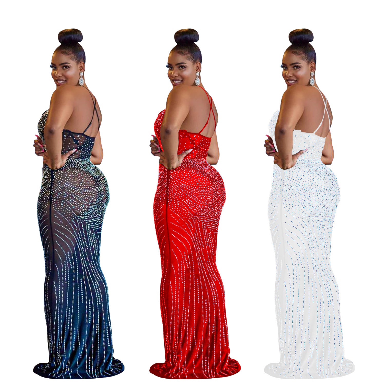 Women'S Fashion Mesh Beaded Sleeveless Straps V-Neck Maxi Dress 8