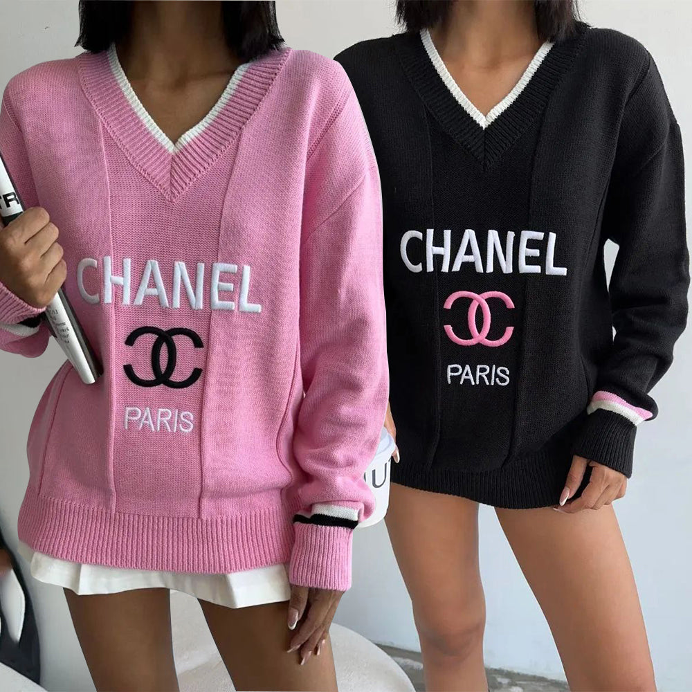 Women Winter Knitting Embroidered V-Neck Top Sweater 5