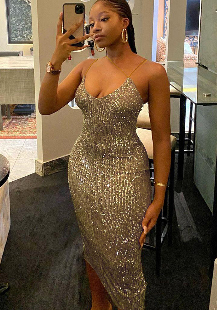 Women sequined suspenders sexy Backless Bodycon Dress