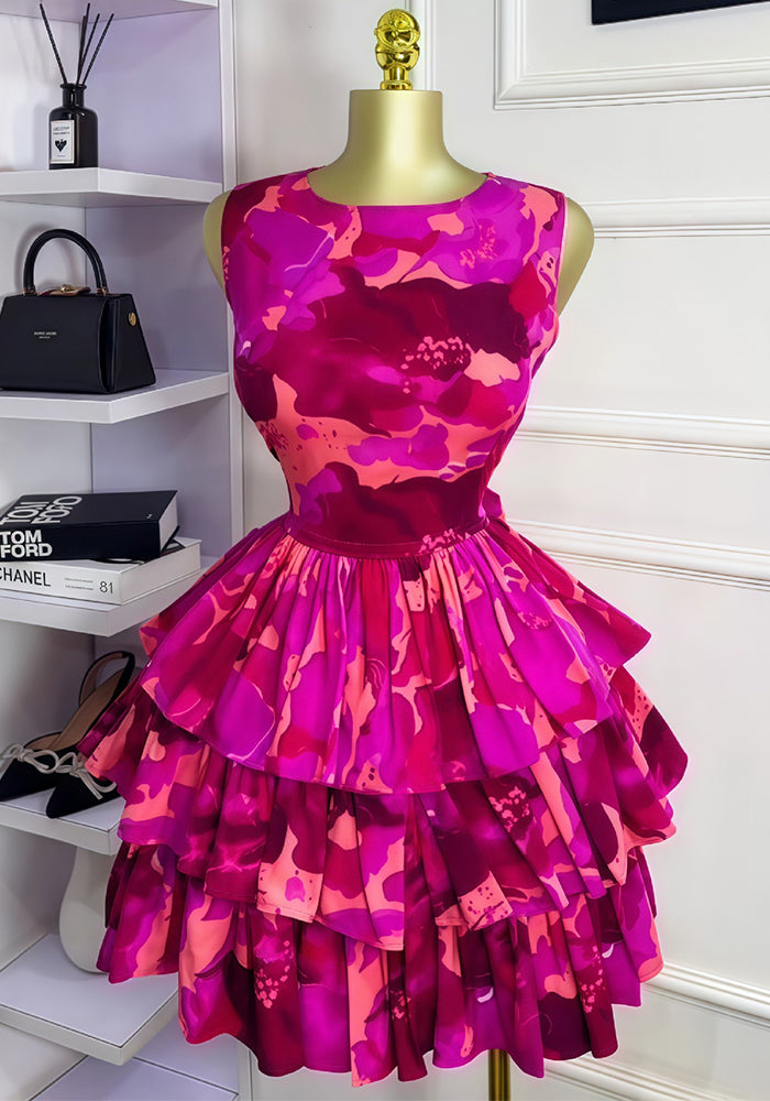 Women early fall sleeveless round neck pleated cascading ruffles dress.