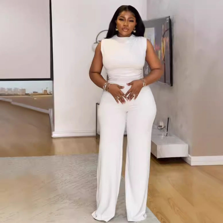 Sexy solid color sleeveless pleated wide-leg Jumpsuit