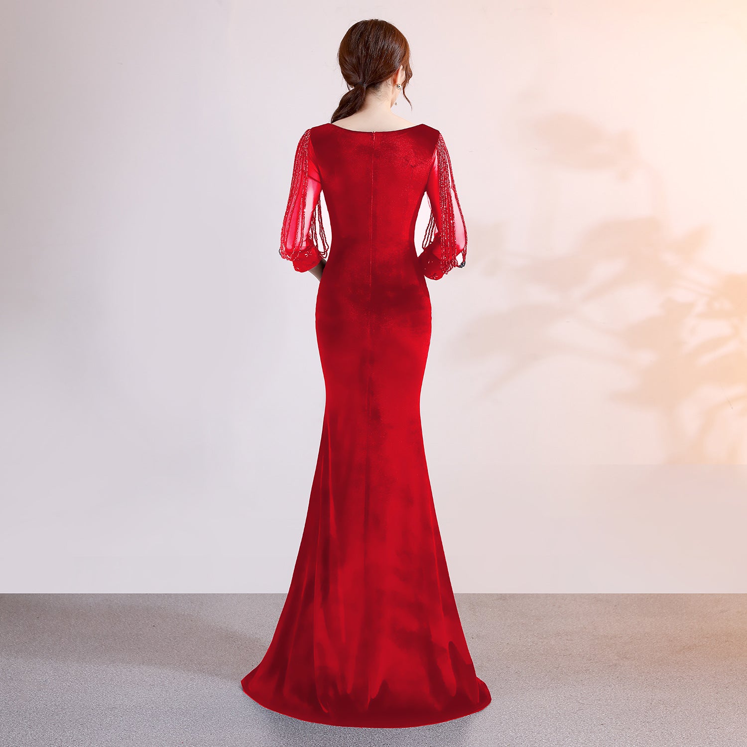sexy velvet crystal diamond chain bride clothing winter long-sleeved mermaid long evening dress 12