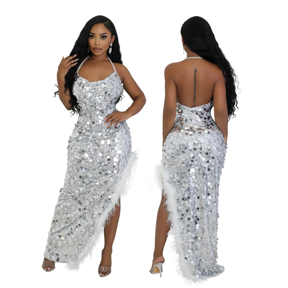 Women sexy suspender sequin irregular dress 5