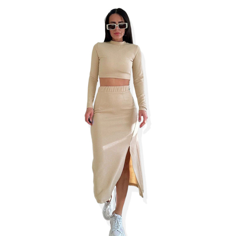 Spring And Autumn Solid Color Ribbed Round Neck Long-Sleeved Women's Two-Piece Fashionable Slit Maxi Skirt Set 13