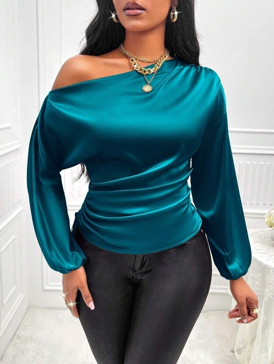 Women's Satin Shirt Asymmetric Slash Shoulder Long-Sleeve Blouse 22