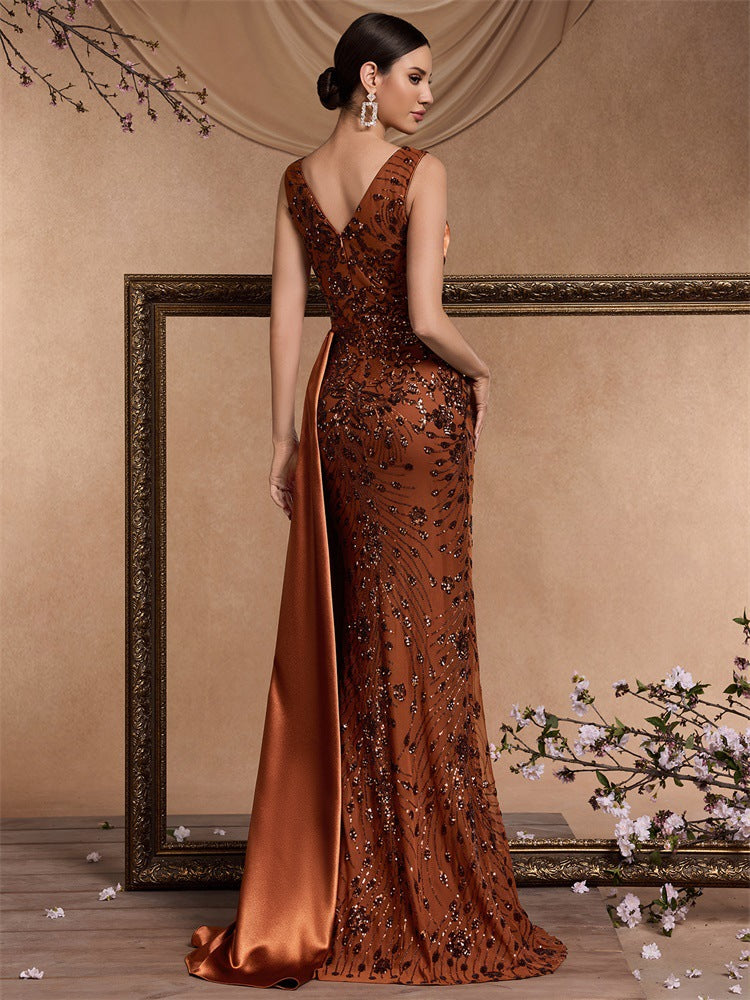 Women's Elegant Chic Sequin Patchwork V-Neck Sleeveless Cocktail Formal Evening Dress 3