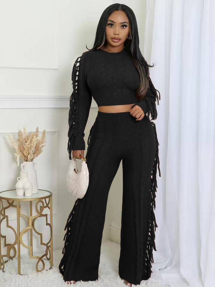 Women Casual Solid Knitting Long-Sleeved Tassel Top and Pant Two-Piece Set