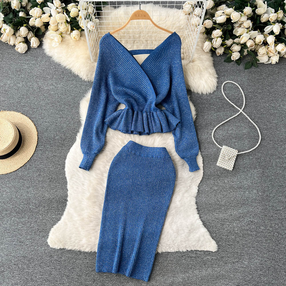 Autumn And Winter Style Suit For Women V-Neck Ruffled Short Knitting Shirt Bodycon Skirt Two-Piece Set 15