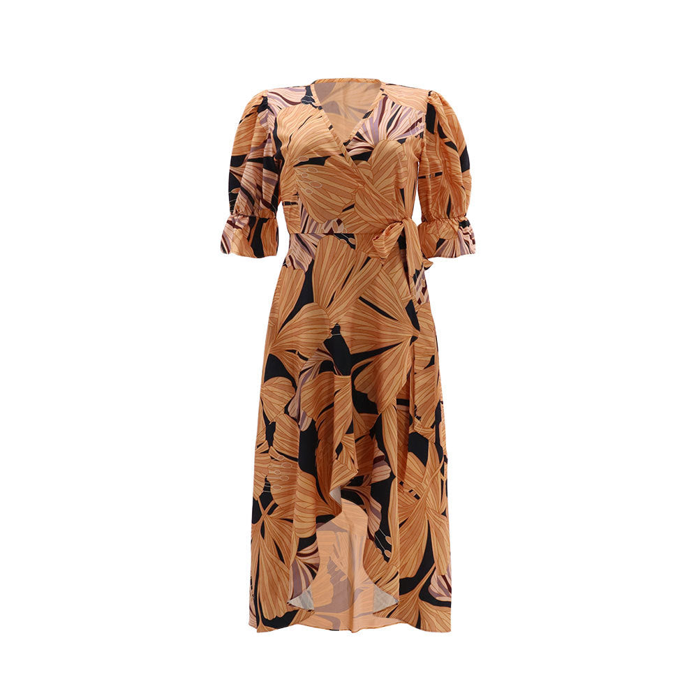 Casual Chic Printed Puff Sleeve V-Neck Lace-Up Dress 4