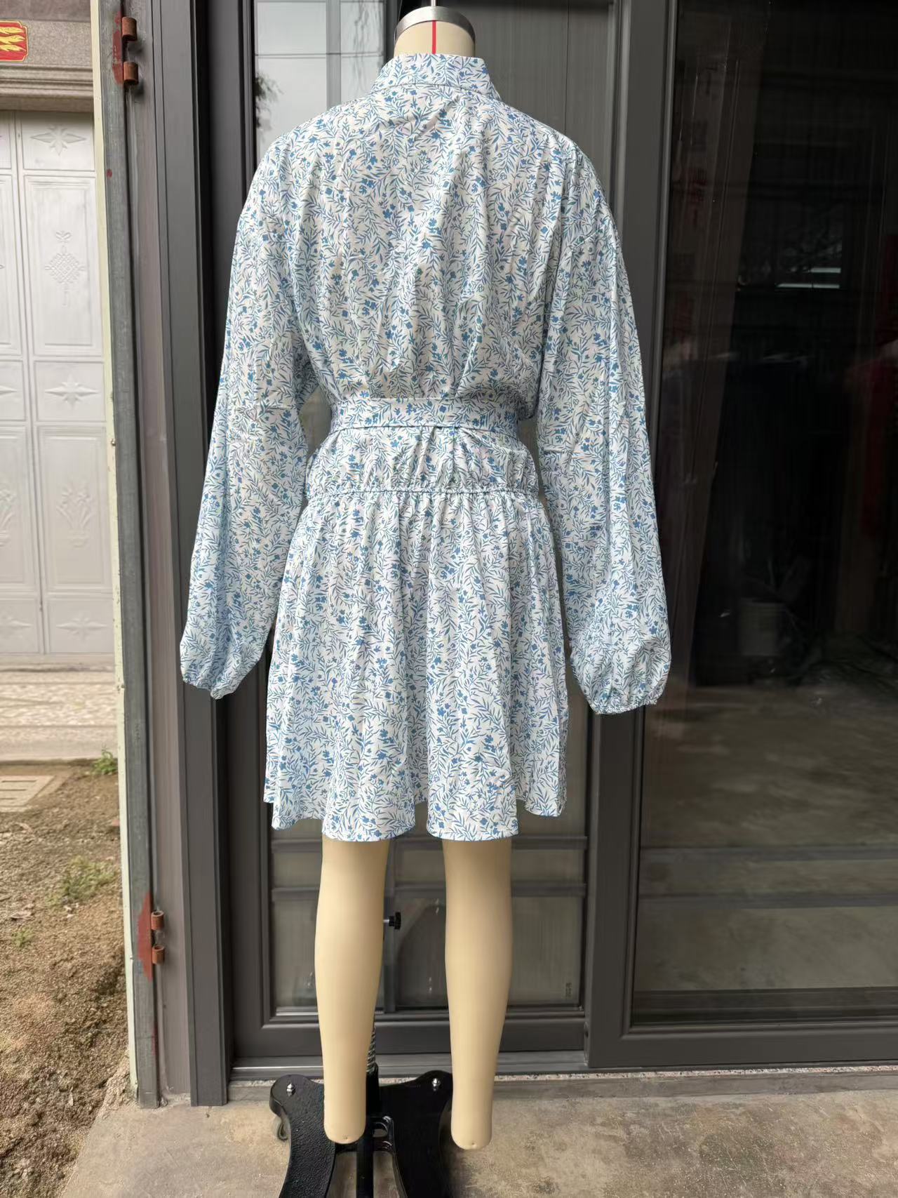 Summer Floral Belt Long Sleeve Casual Mini Dress 6