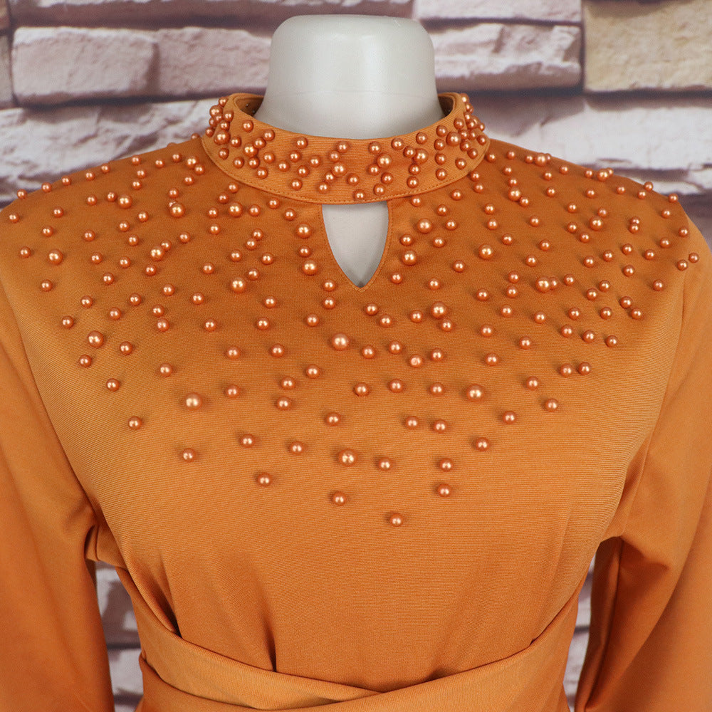 Women African Elegant Stand Collar Beaded Belt Pocket Dress 18