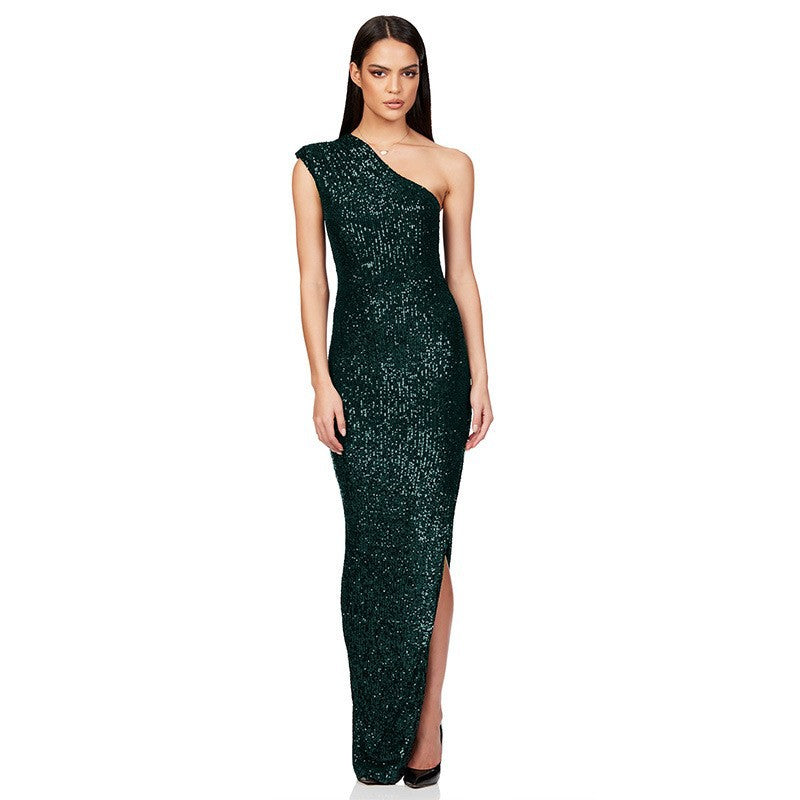 Women's One-Shoulder Sleeveless Sequined Slit Evening Party Dress 20
