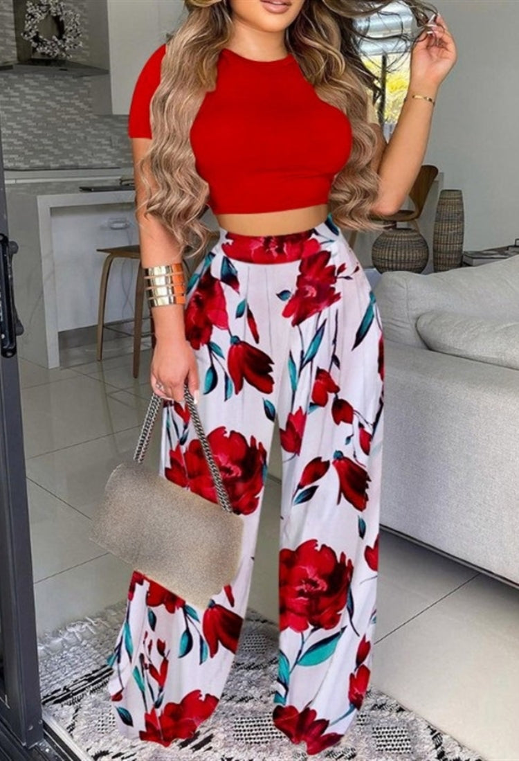 Summer Formal Print Crop Top and High Waist Loose Pants Set