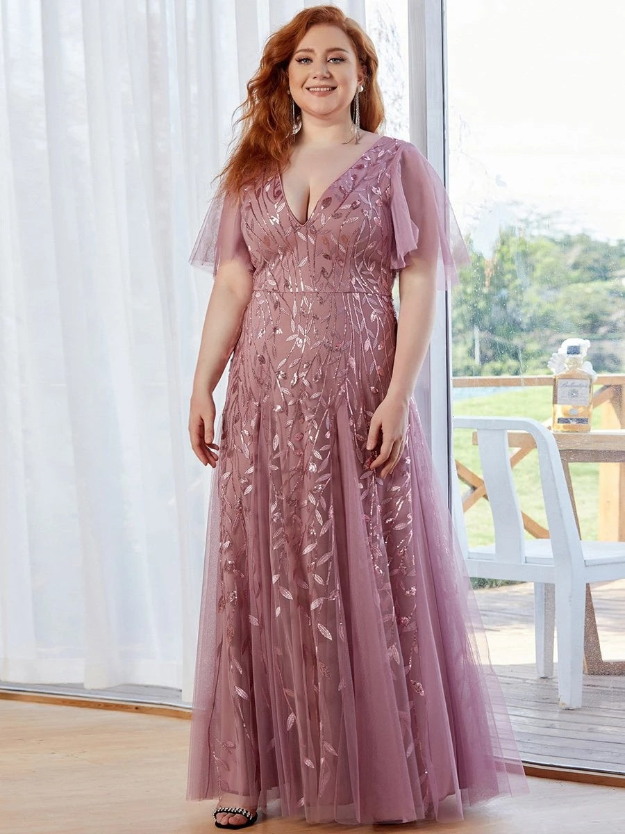 Evening Gown Plus Size Sequin Ball Gown Ruffle Sleeve Mermaid Swing Maxi Dress 3