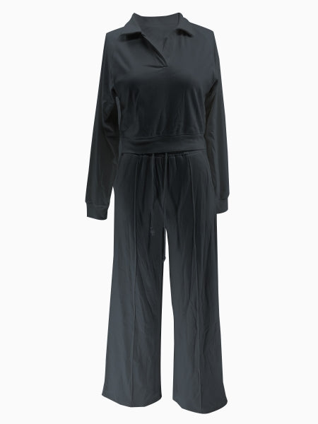 Women Fall/Winter Solid V-Neck Long Sleeve Casual Top and Pants Two-Piece Set 32