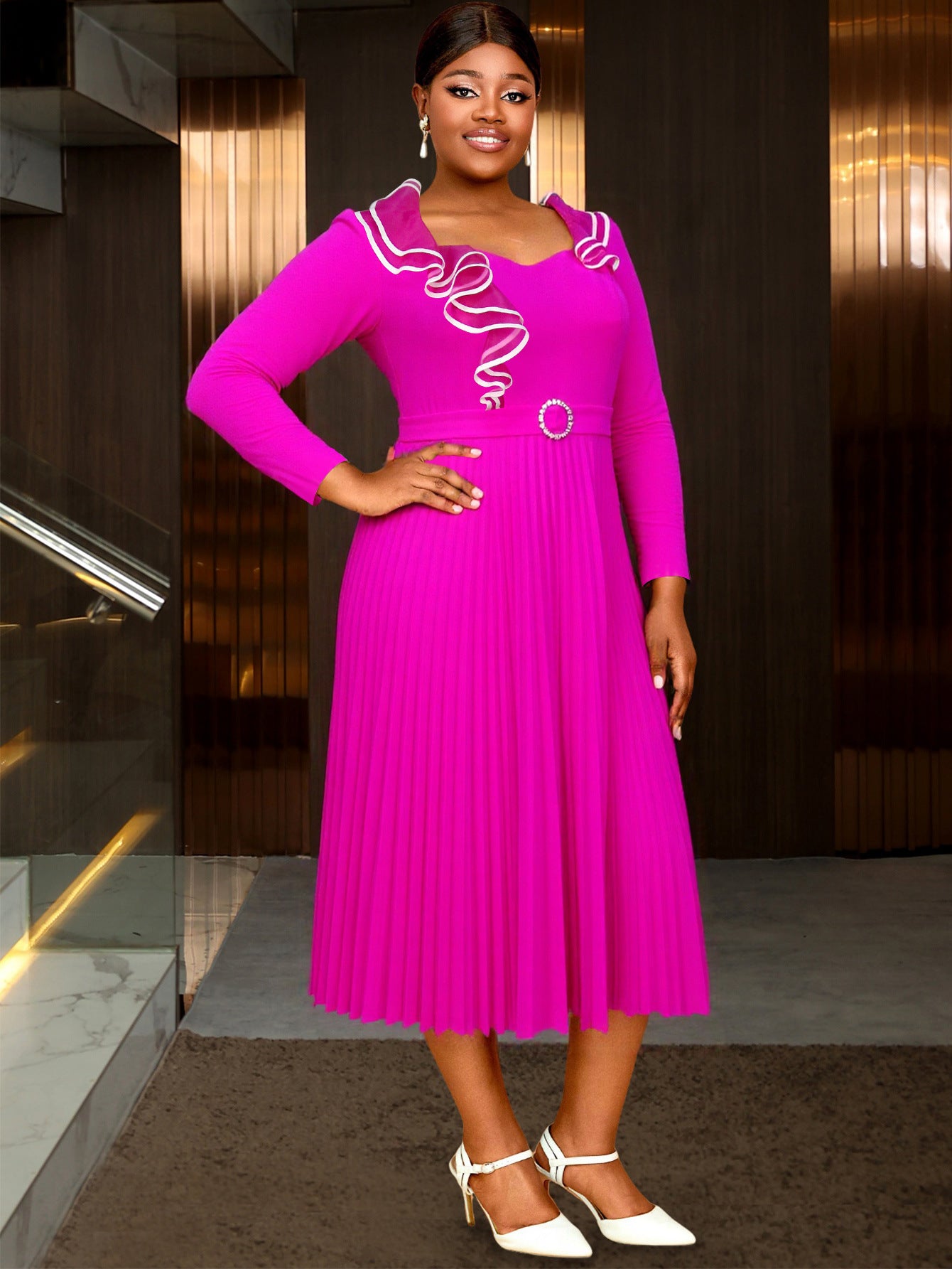 Plus-Size Women Elegant Rose Long-Sleeved Ruffled V-Neck Formal Party Pleated Dress 5