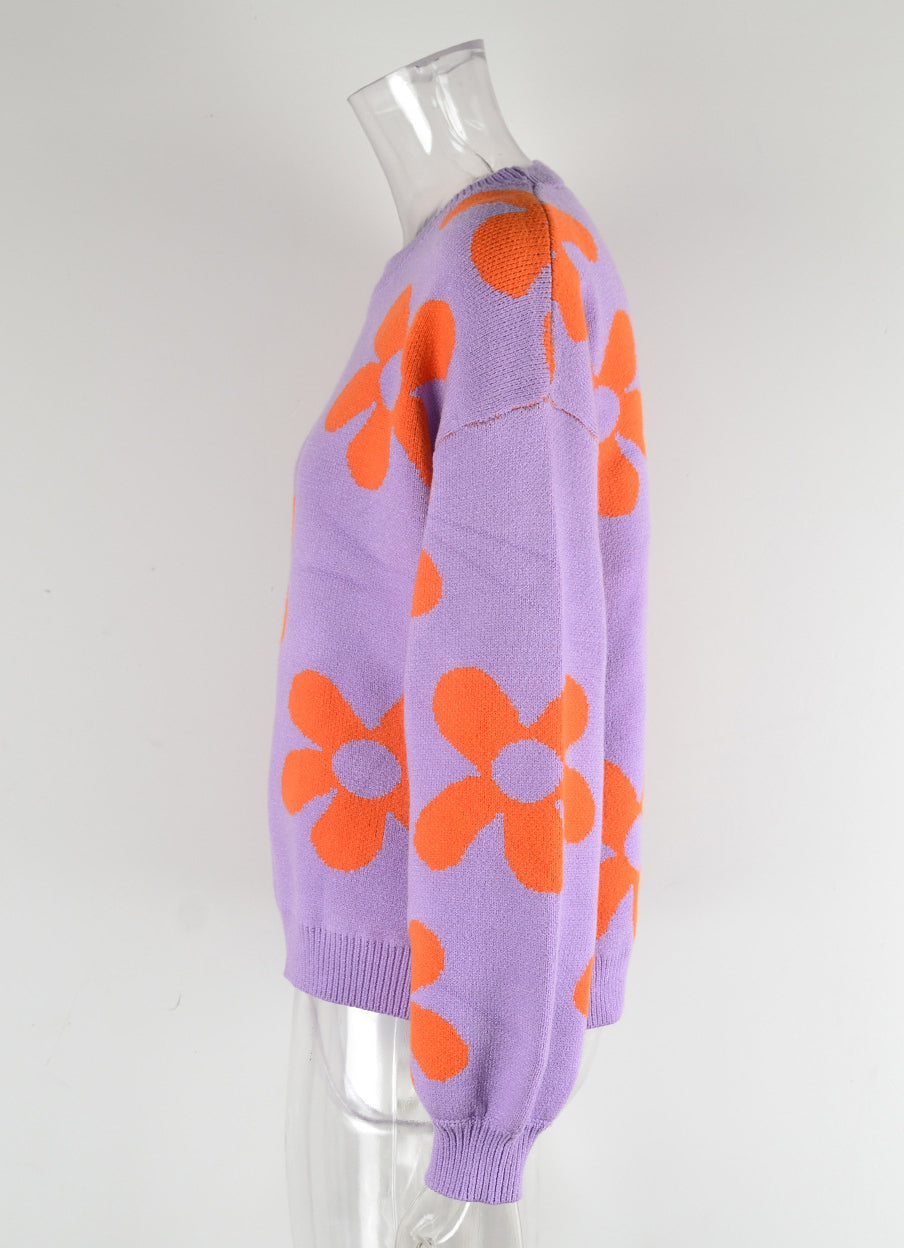 Autumn and winter women's printed sweater pullover flower plus size sweater 60