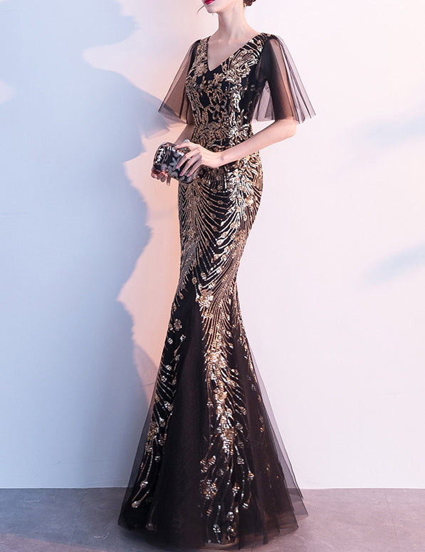 Women Gold Ladies Long Sequins Evening Dress Banquet Mermaid Dress 5